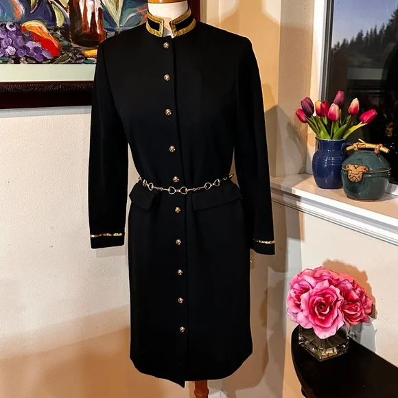Black and Gold " Military Look" 80s Coat Dress by Leslie Fay Petites - Sz 8 - Picture 8 of 14